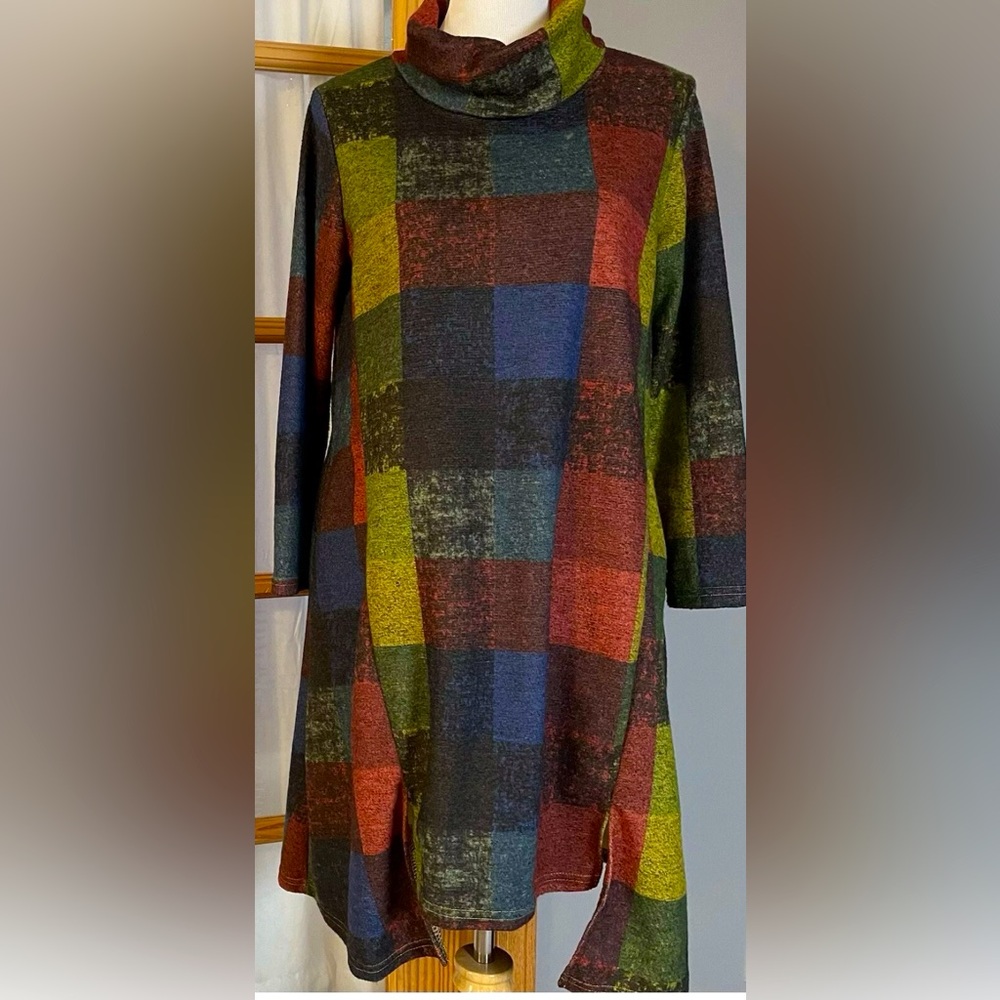 Turtleneck Plaid Tunic Dress in Olive, Burgundy, Navy